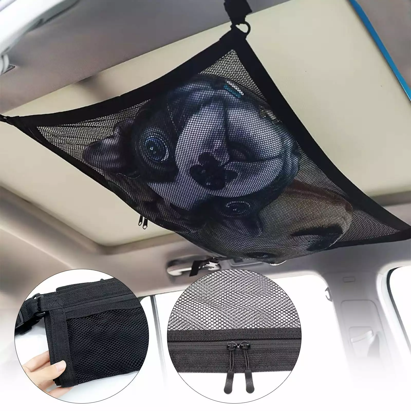 RunGou Car Ceiling Cargo Net Pocket. Double-Layer Mesh Car Roof Storage Organizer.Truck Suv Travel Long Road Trip Camping Interior Accessories