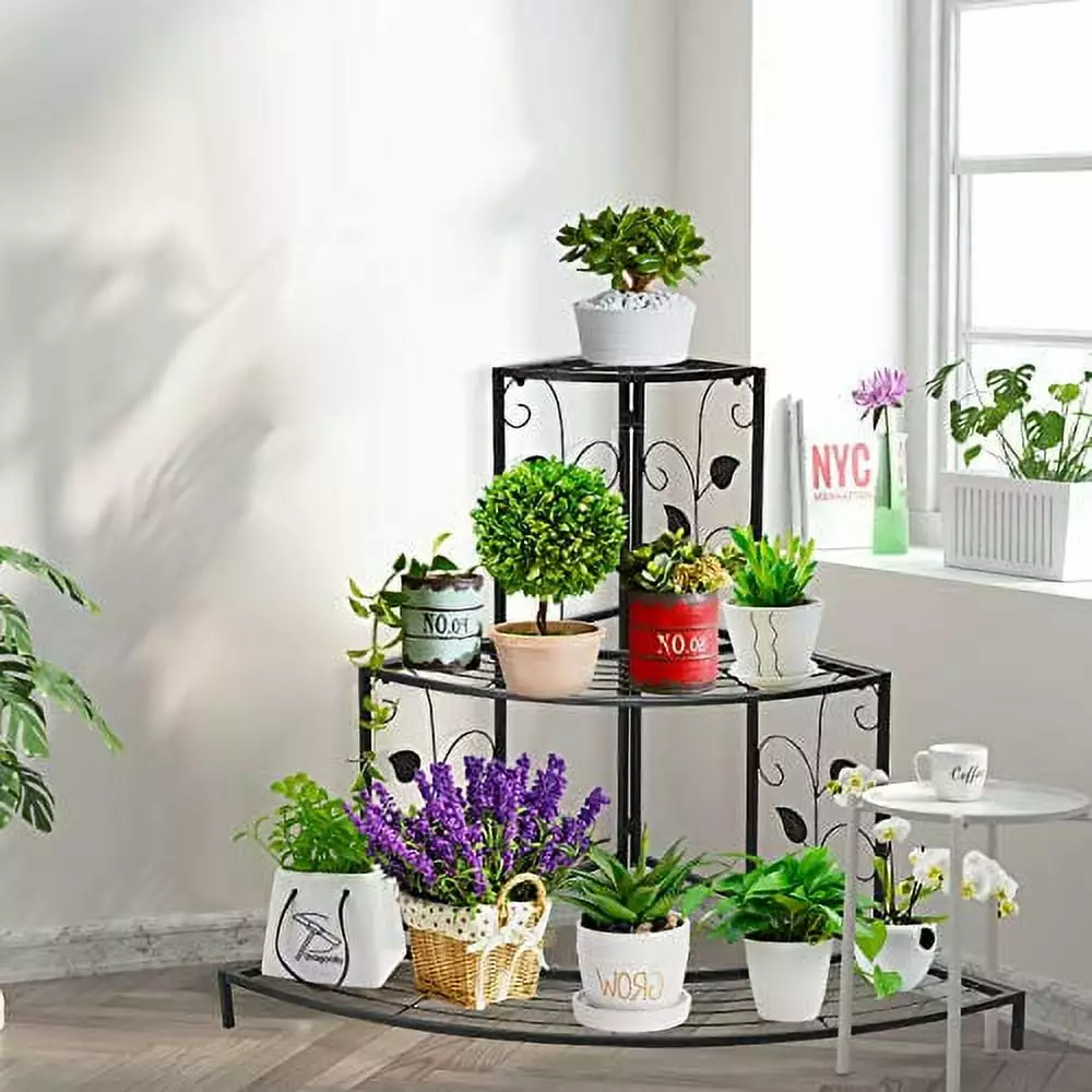 S AFSTAR Corner Plant Stand. 3-Tier Mental Plant Stand. Plant Flower Pot Display Rack. Pot Holder Shelf. Rustproof Ladder Potted Shelf. Outdoor Plant Stands for Patio Garden Yard Balcony (Black)