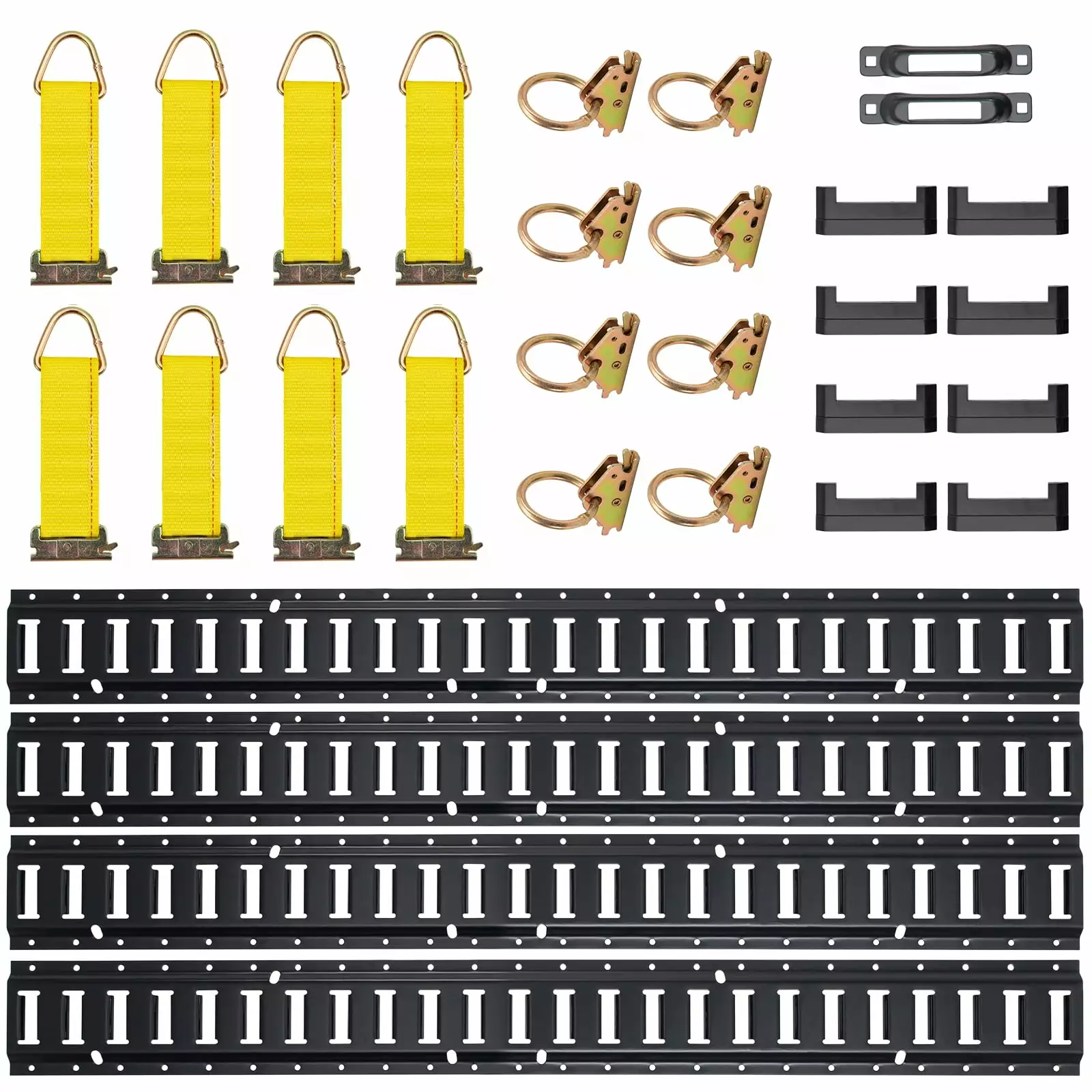 SKYSHALO E-Track Cargo Securement Kit. 30-Piece Set with 5FT Tracks. 4 Steel Rails. 2 Single Slots. 8 O-Rings. 8 D-Ring Tie-Offs & 8 End Caps for Motorcycles and Bikes