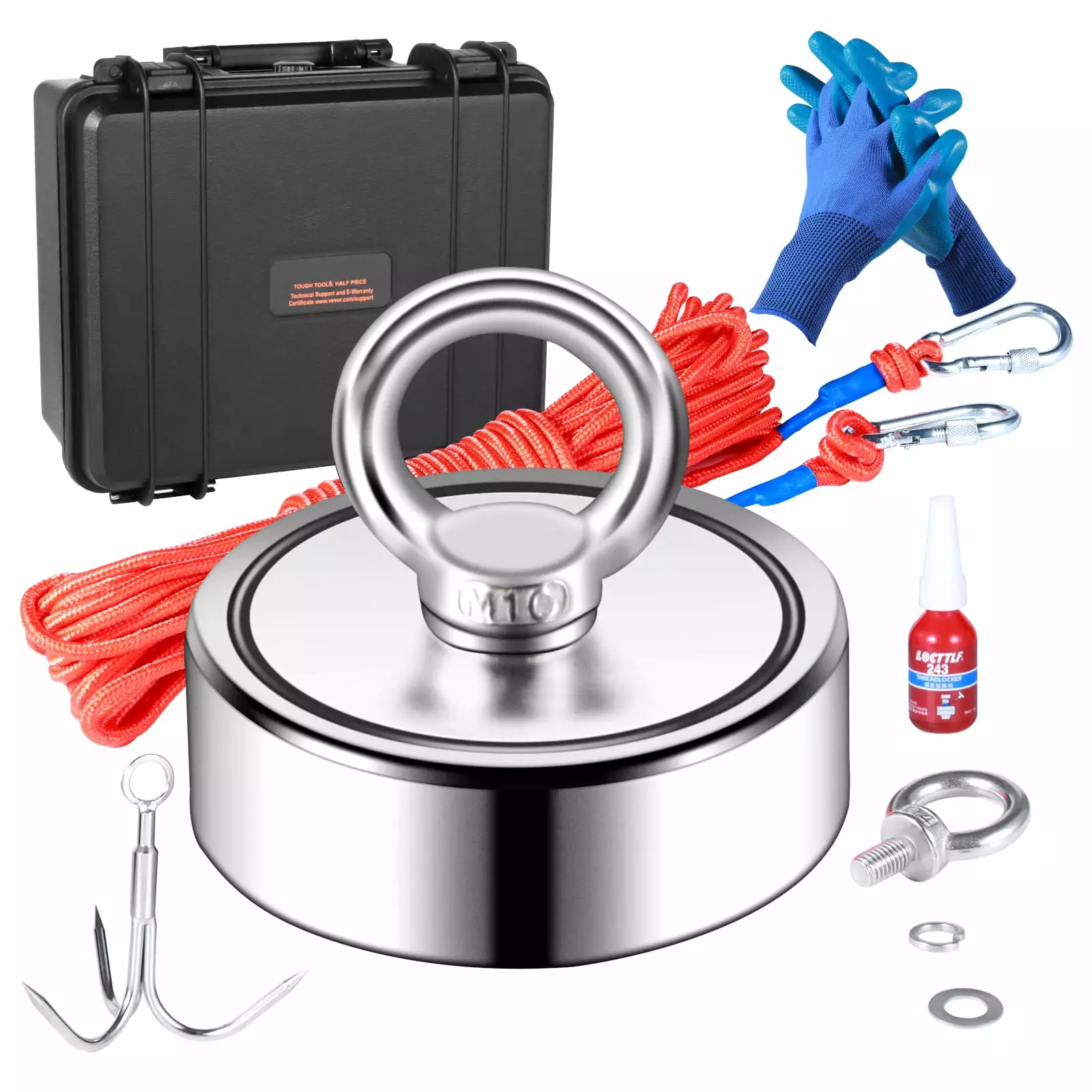 SKYSHALO Magnetic Fishing Set. 1200lbs Strength. 2.95in Wide Dual-Sided Magnets. Durable Neodymium. Includes 65FT Rope. Grappling Hook. Water-Resistant Box. Protective Gloves. Threadlocker. Eye Bolt