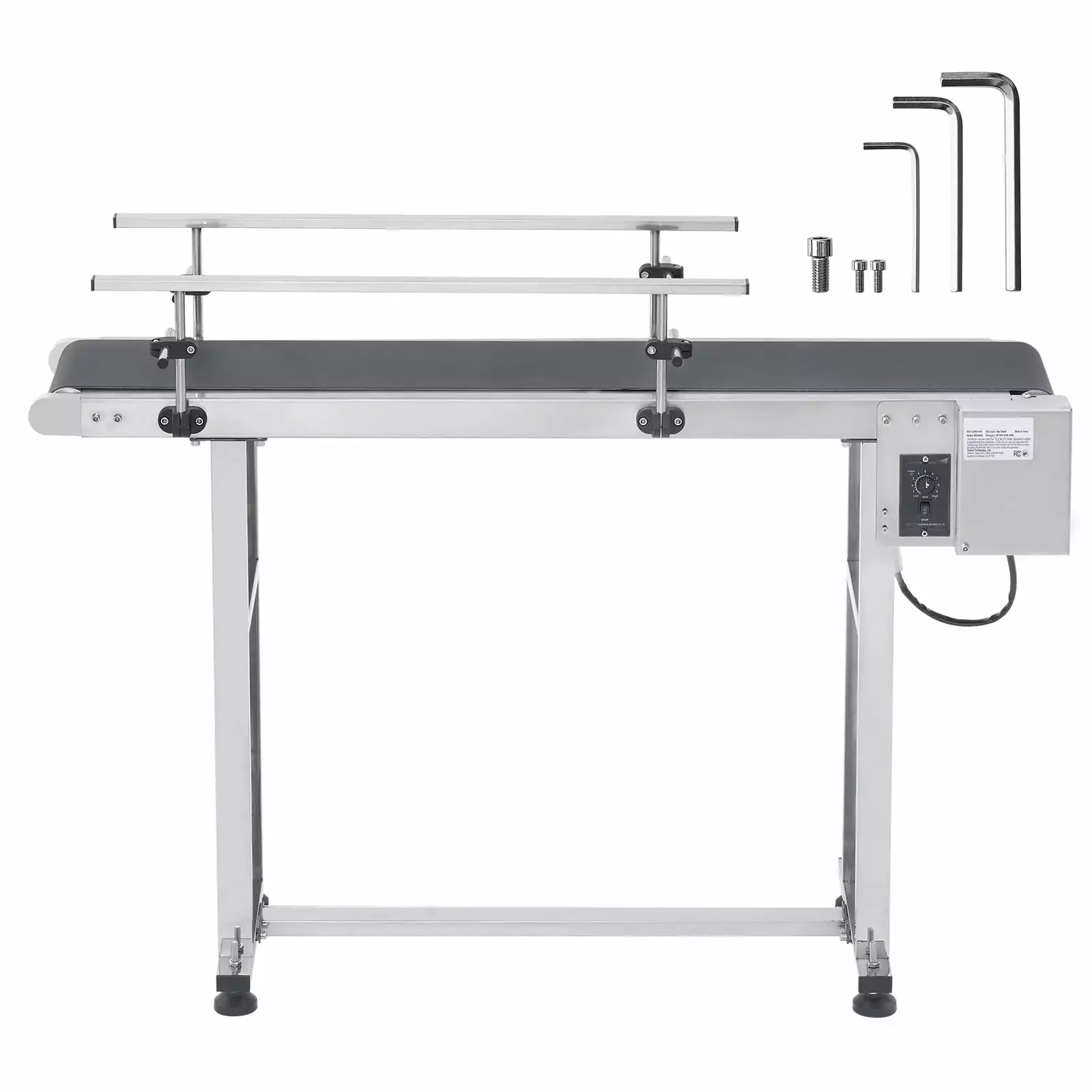 SKYSHALO Motorized Conveyor Belt. 47x7.8 in. Durable Stainless Steel. Ideal for Inkjet Coding. Features PVC Belt with Anti-Static Properties. Speed Control. and Dual Guardrails