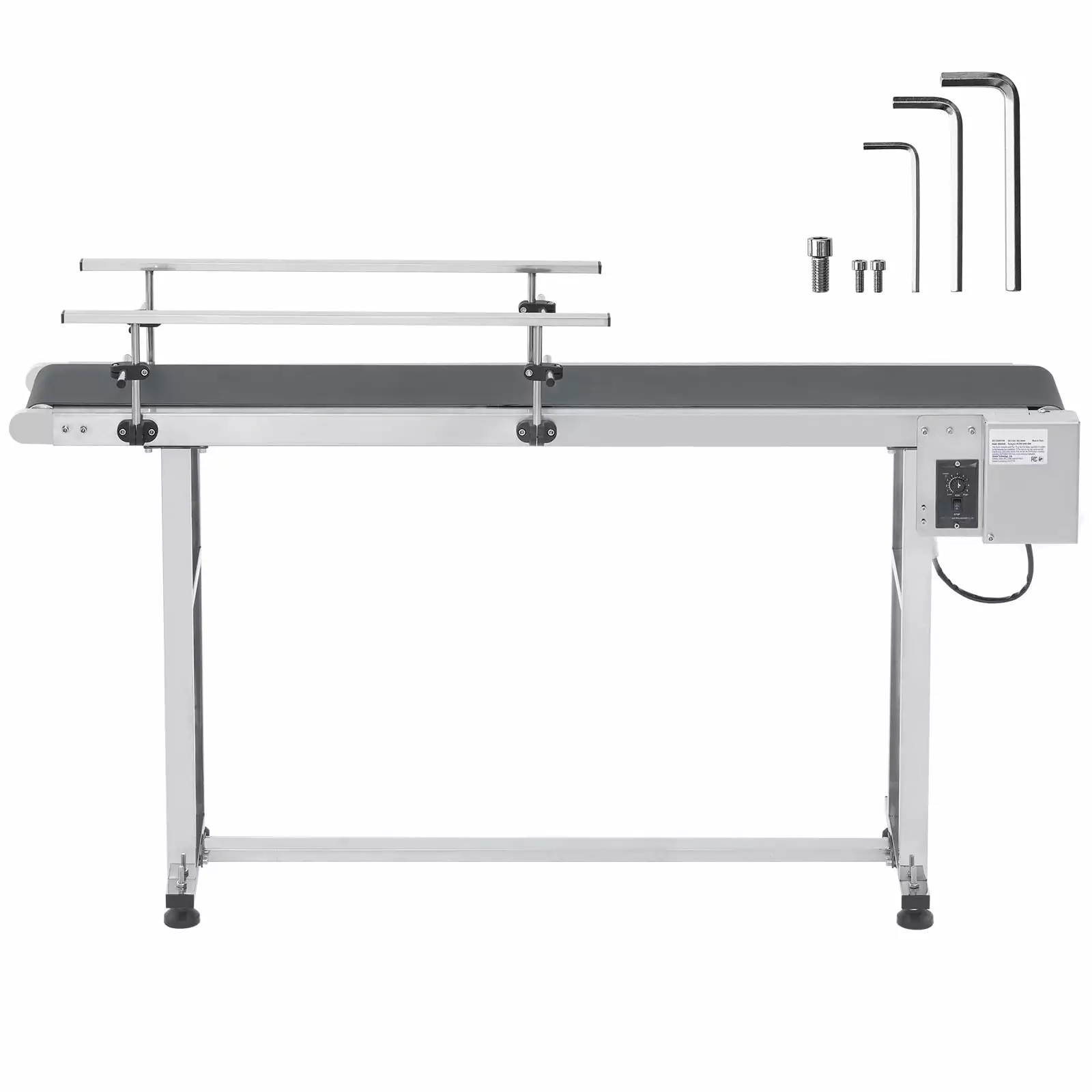 SKYSHALO Motorized Conveyor Belt. 59x15.7 in. Durable Stainless Steel. Ideal for Inkjet Coding. Features Anti-Static PVC. Adjustable Speeds with Dual Guardrails