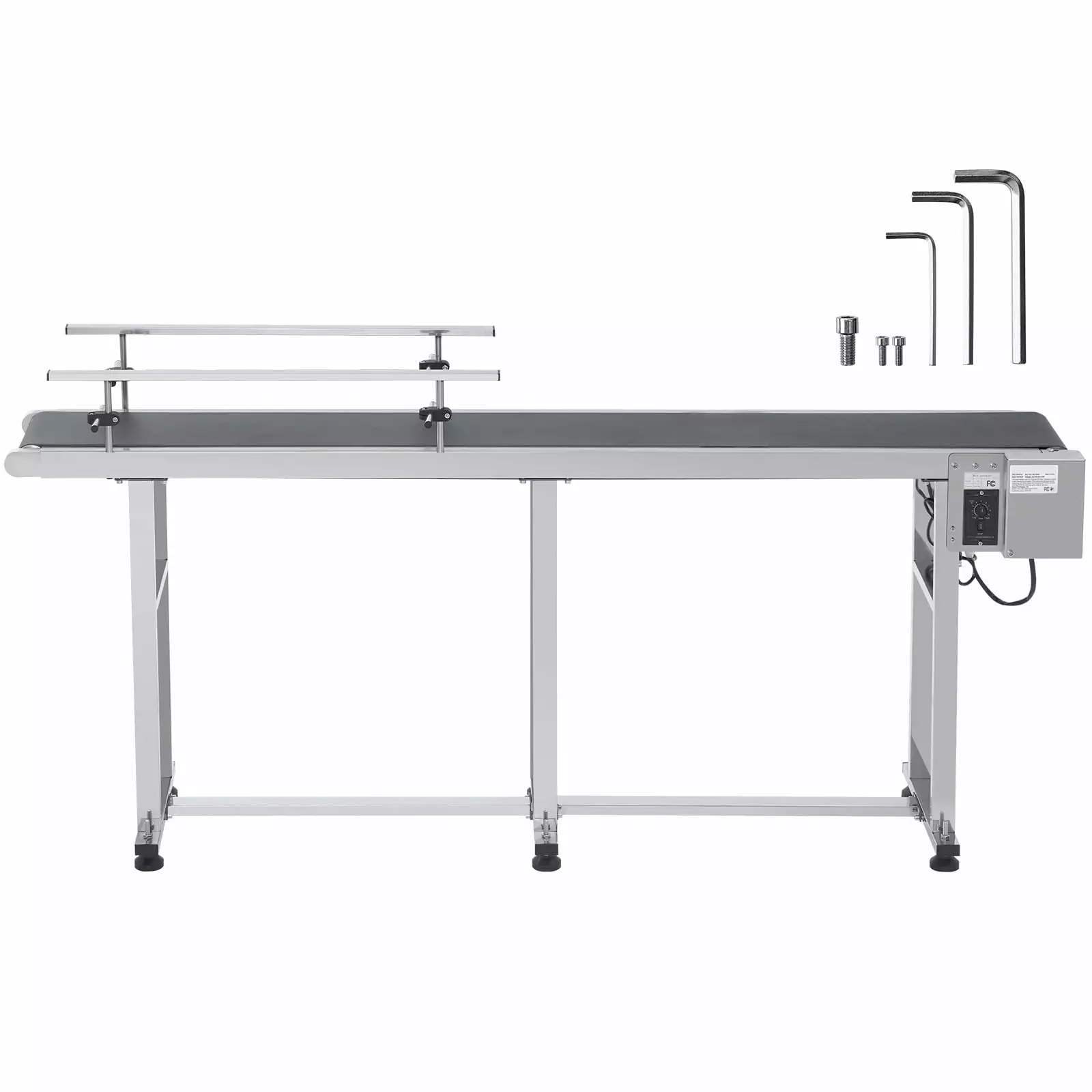 SKYSHALO Motorized Conveyor Belt. 71x7.8 in. Durable Stainless Steel Frame. Ideal for Inkjet Coding. Features Anti-Static PVC. Speed Control. with Dual Guardrails