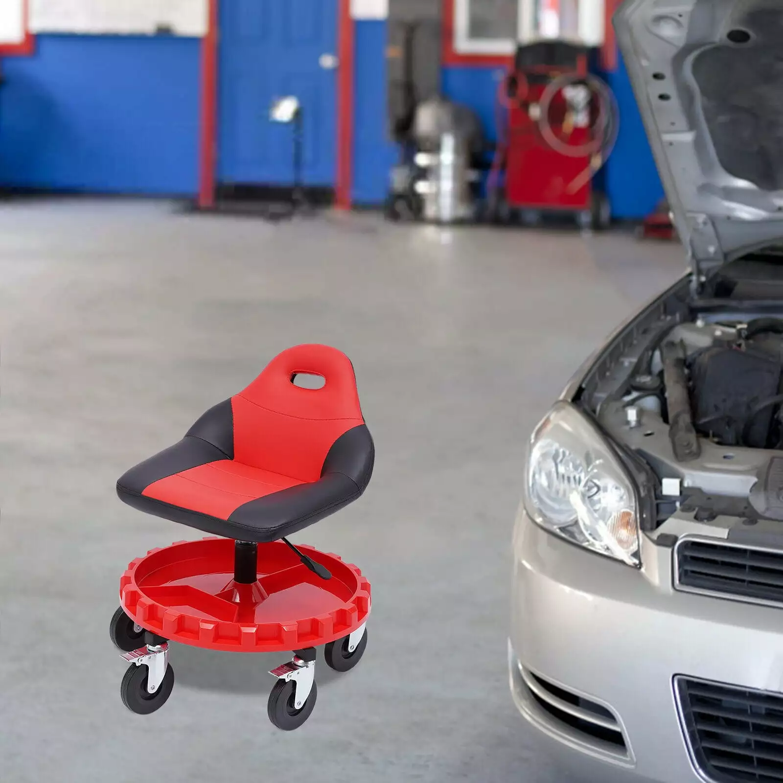 SKYSHALO Rolling Work Stool Automotive Creeper Stool Adjustable Height 300-lb With Tool Storage Tray Red