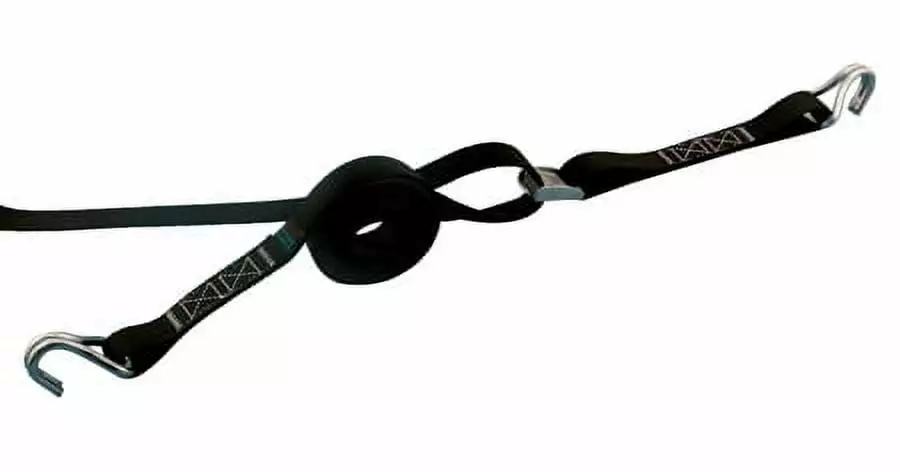 STAINLESS 1 CAM BUCKLE ASSEMBLY TIE DOWN W/J HOOKS. 10'. BLACK