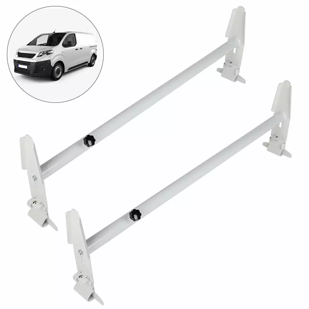 Scitoo Heavy-Duty 2 Bars Van Racks Steel Utility Ladder Truck Pickup Rack Kayak Contractor Lumber Utility for Chevy for Dodge for Ford for GMC Express 77' Van with Rain Gutters - White Van Rack