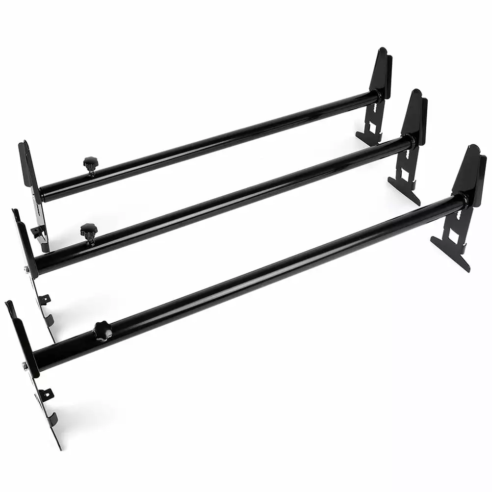 Scitoo Heavy-Duty 3 Bars Steel Utility Ladder Truck Pickup Rack Kayak Contractor Lumber Utility for Chevy for Dodge for Ford for GMC Express 77' Van with Rain Gutters - Black Van Rack