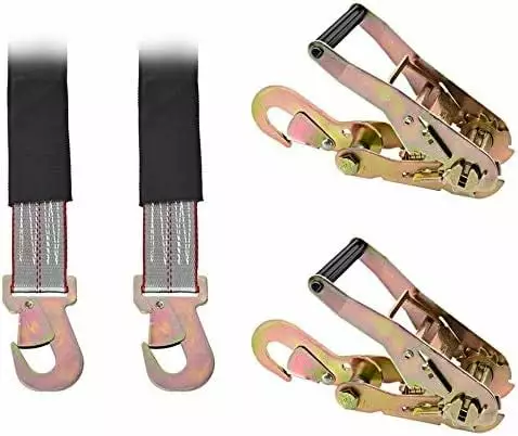 Secure Tow. 7031-SHK2 (x2). 2808C-SH-LD (x2). Two Straps with Snap Hooks & Two Wide Handle Ratchet with Snap Hooks for Dynamic Wrecker. Rollback. Wheel Lift