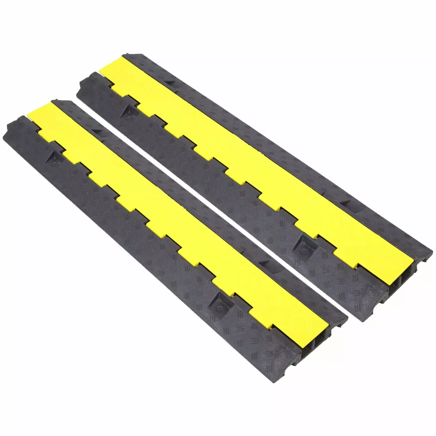 Set of 2 Durable High-Capacity Rubber Cable Protector Ramps with 2 Channels for Speed Bump Hump - Modular Protective Wire Cord Driveway Traffic Speed Bumps. Each ramp rated for 11000 LBS