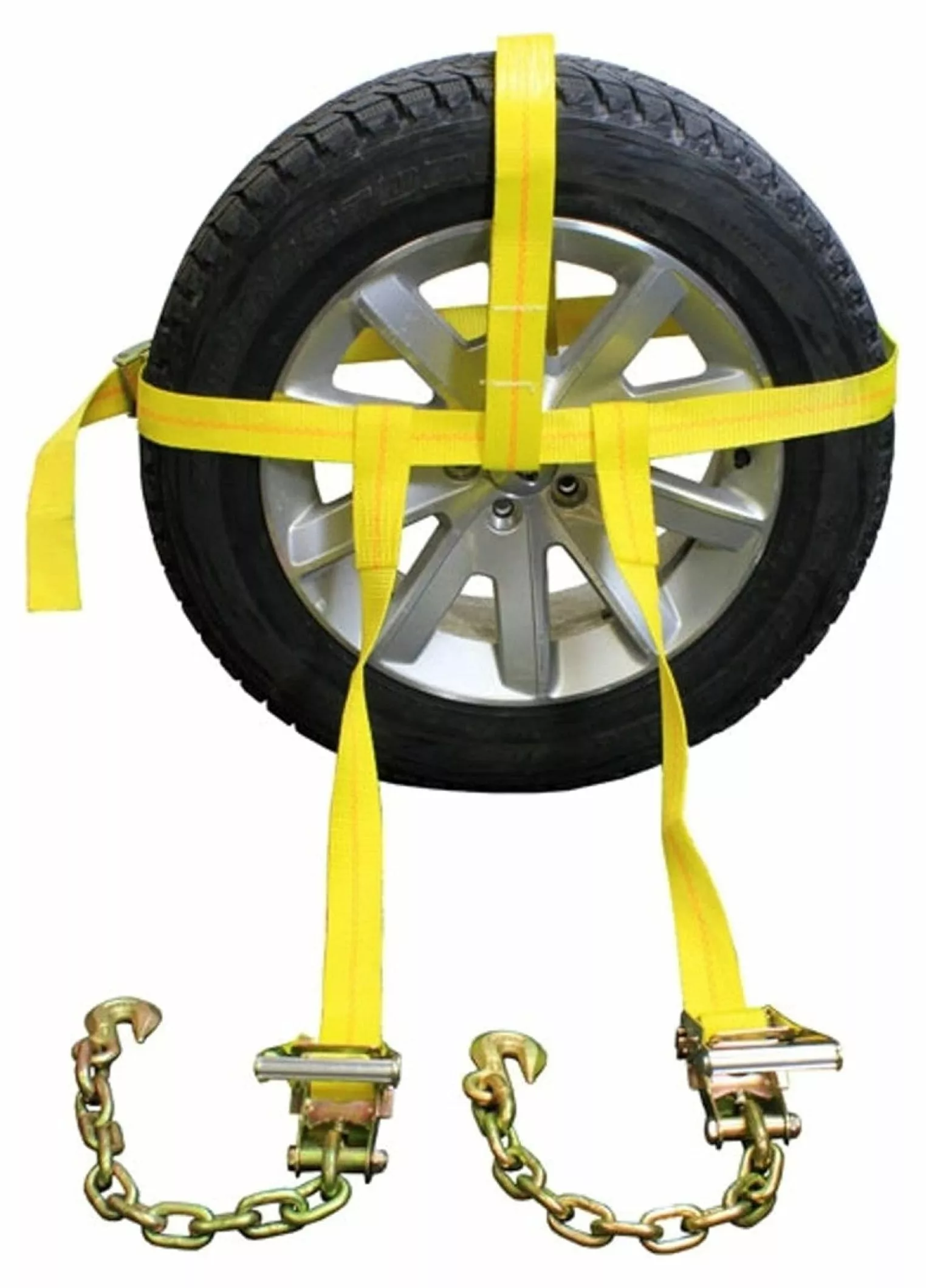 Side Mount Wheel Net with Cam Buckle.Two Ratchets and Chain Extensions. Easy to Use Wheel Strap for Vehicle Tie Down Applications. Durable Polyester Webbing