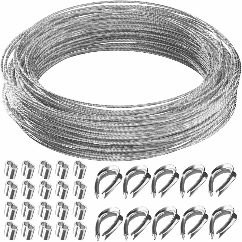 Stainless Steel Rope Hanging Kit. Heavy Duty 304 Stainless Steel Nylon Coated Wire Rope. M2 304 Stainless Steel Thimbles. with Aluminum Crimp Sleeves