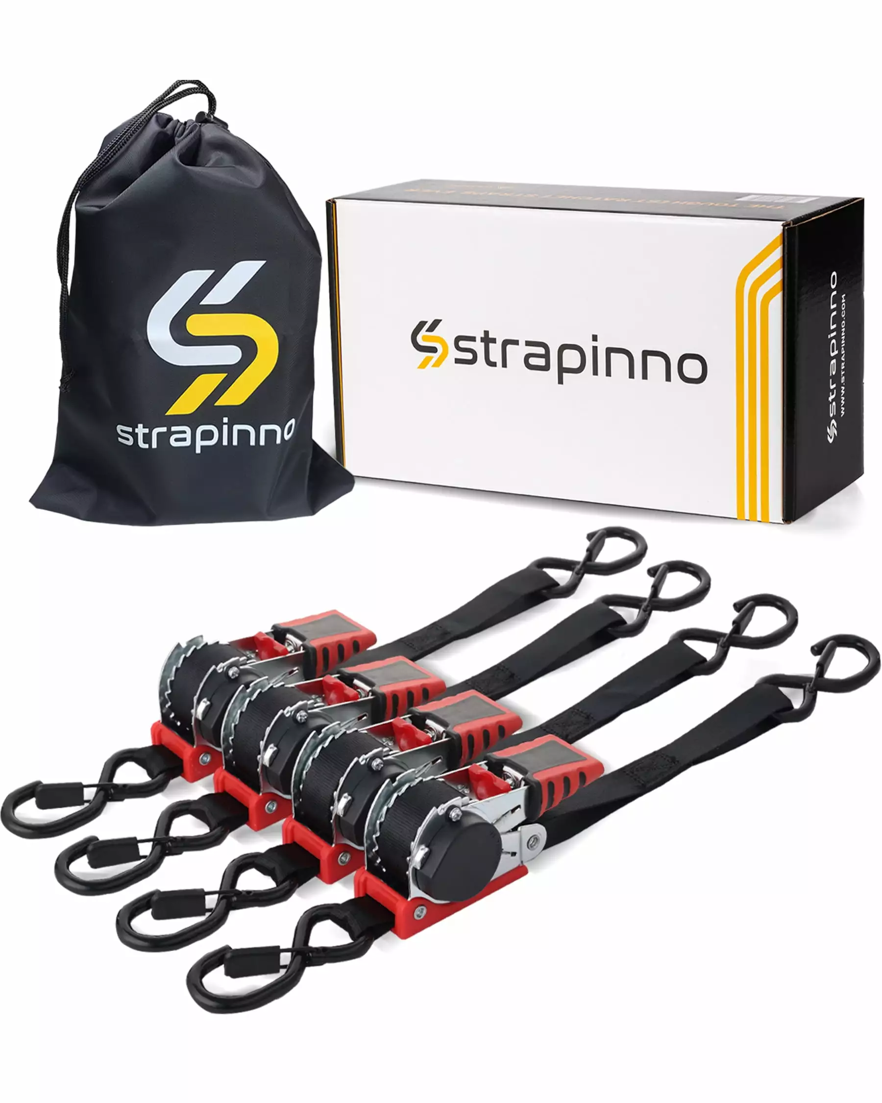 Strapinno Retractable Ratchet Straps 1 in x10ft. with Rubber-Coated Handles. S-Hooks. Secure Cargo Tie-Downs for Motorcycles. Bikes & Daily Use. Breaking Strength -1.500LBS/680KG (4 PK)