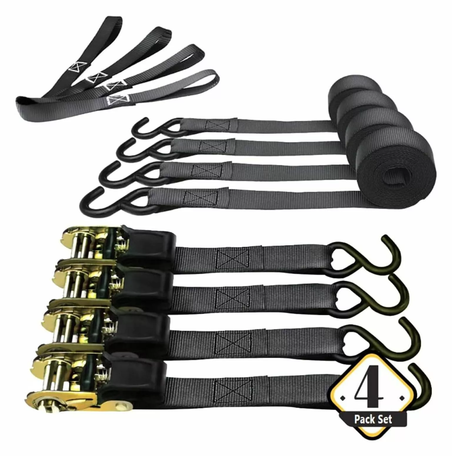 Summates 4 Pcs 1 x 15 feet Ratchet Tie-Down Straps & 4 Pcs 1 x 1 feet Loops