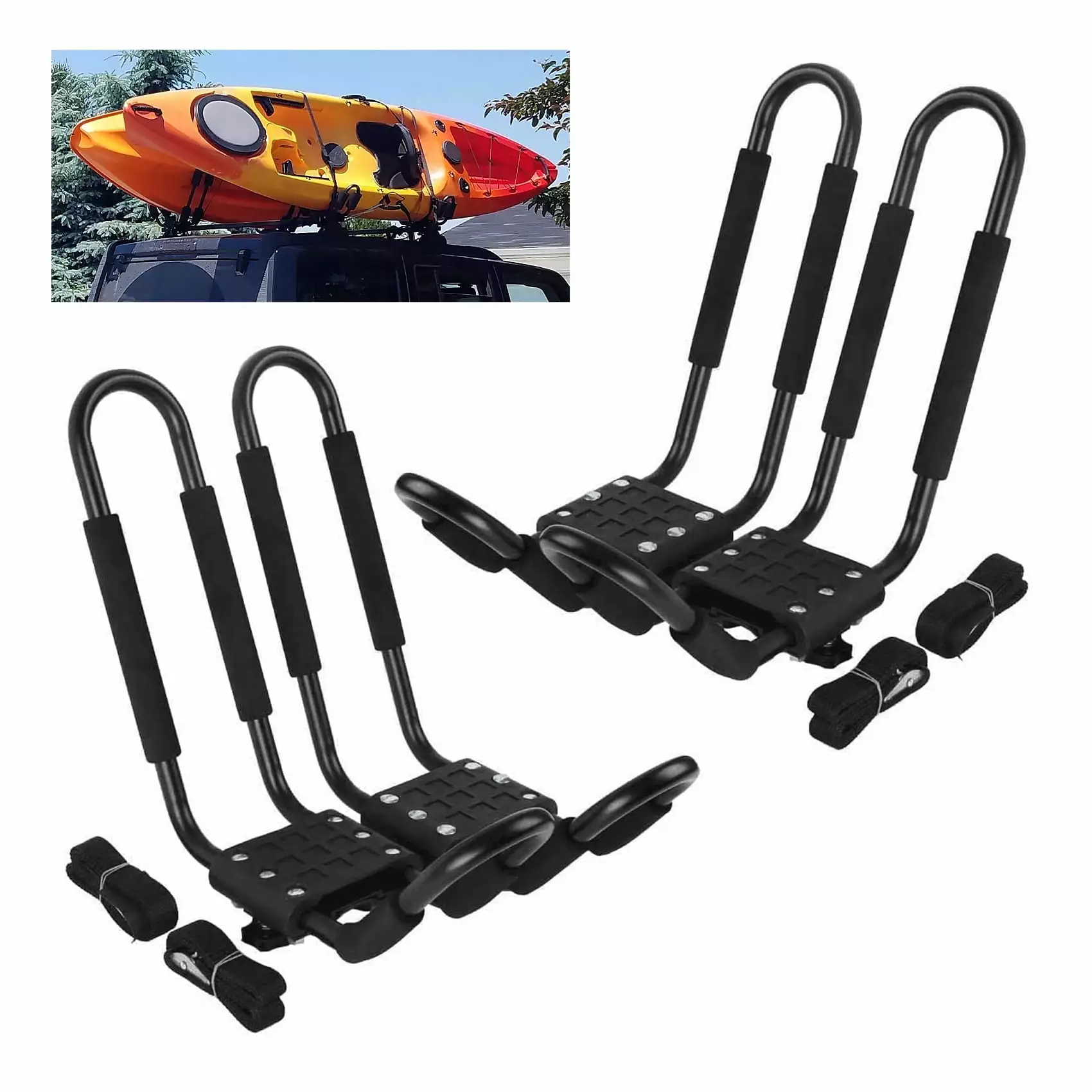 Piripara J-Bar Kayak Roof Rack 2 Pairs Top Mount Boat Canoe Carrier Car SUV Van Crossbar