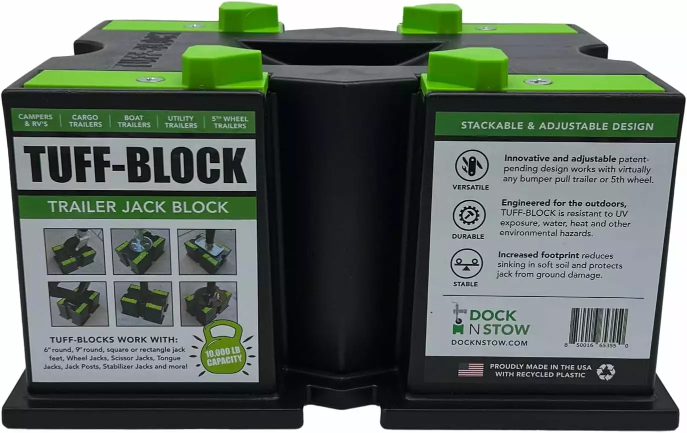 TUFF-BLOCK Trailer Jack Blocks for RV Camper. 5th Wheel. Boat | Works w/Any Tongue Jack. Post. Scissor Stabilizer or Foot (Round or Square) | Stand Supports 10.000 lbs | Green Stops