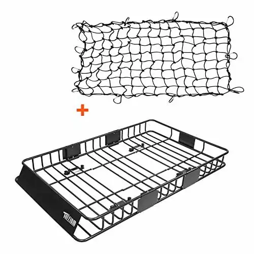 TUFFIOM 250lbs 64 x 39 x 6 inch Roof Top Cargo Carrier Basket w/Extension & Net. Heavy Duty Rooftop Luggage Holder Steel Rack with 2 Sizes for SUV Car Truck Van Travel Camping