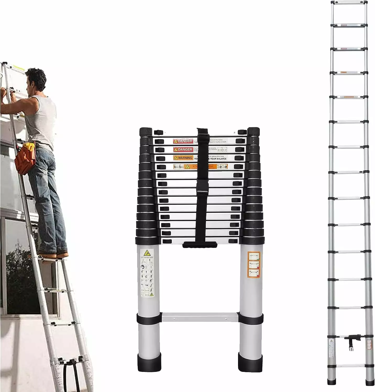 Telescoping Ladder. 14.4 FT Aluminum Lightweight Extension Ladder. Multi-Purpose Collapsible Ladders for RV or Outdoor Work. Heavy Duty 330lbs Max Capacity. Portable Attic Ladder. Roof Ladder. EN131