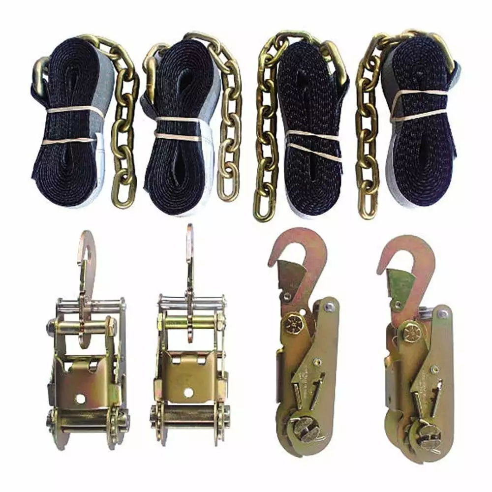 Tie Down Kit Towing. 4 Ratchets W/ Flat Snap Hooks. 4 Chain End Straps