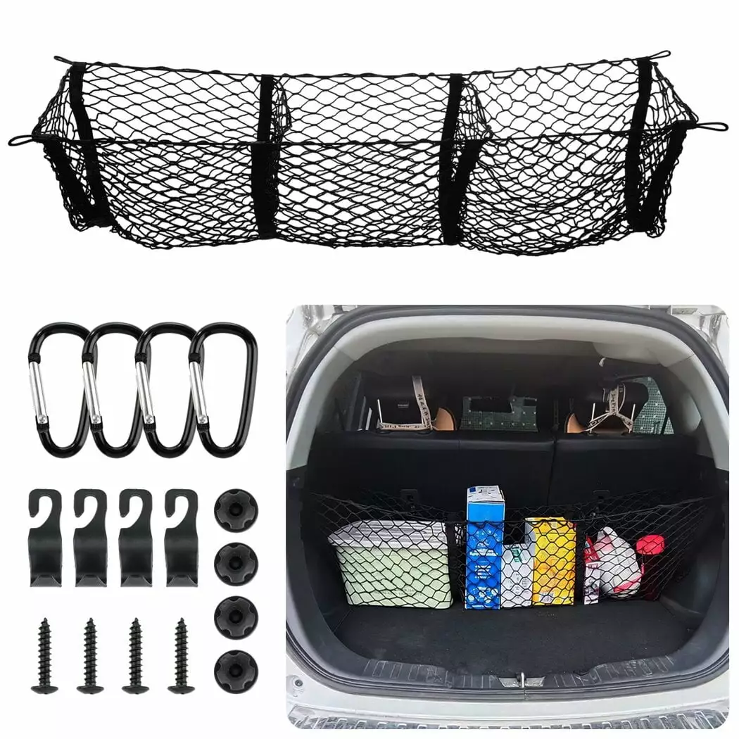 Truck Bed Cargo Net. 43.3 x 11.8 Pickup Trunk Bed Organizer with 3 Pockets. Mesh Net for Car Trunk. Detachable Cargo Net with Metal Carabiners. Truck Bed Storage Net with Hooks