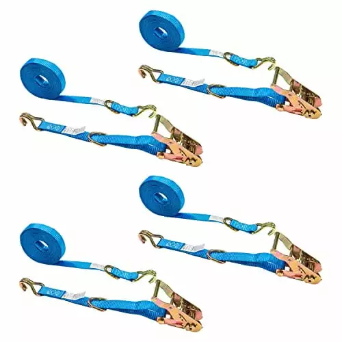 US Cargo Control 1 Inch x 15 Foot Ratchet Straps (4-Pack). 1 Inch Ratchet Straps with J-Hooks and D Rings. J Hook Ratchet Straps for Securing Cargo. 3.333 lbs. Working Load Limit. Blue Ratchet Straps