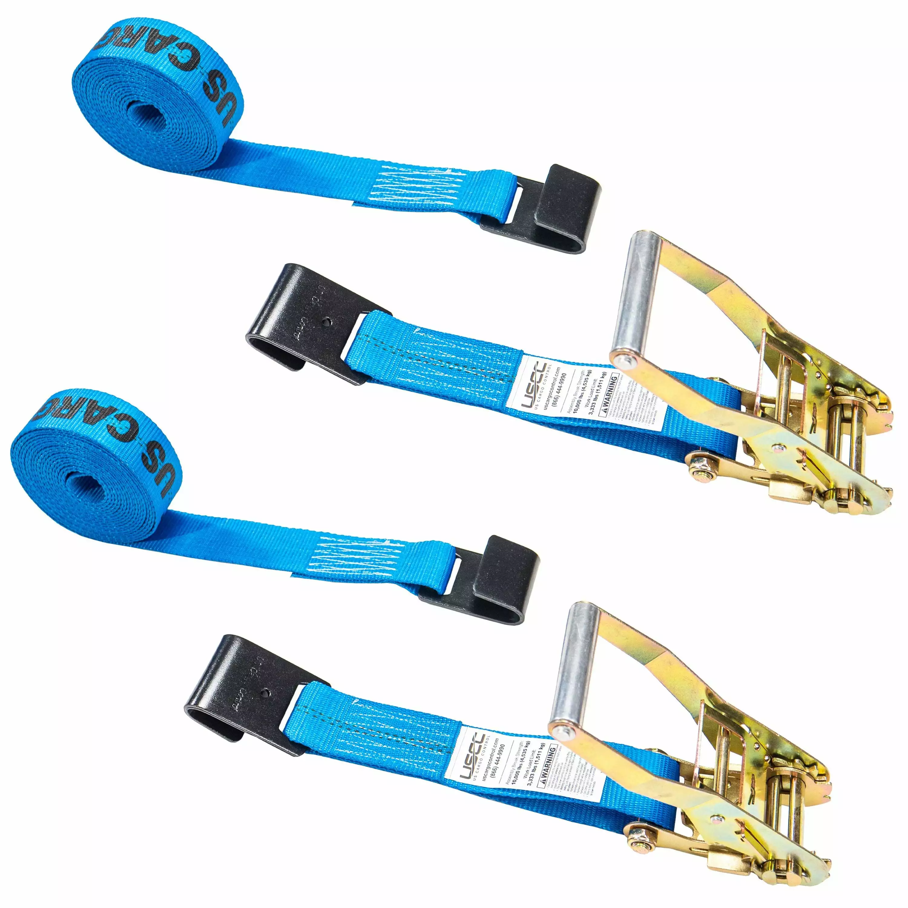 US Cargo Control. 2 Inch x 18 Foot Ratchet Strap. Flat Hook Ratchet Strap. Blue Ratchet Strap. Dependable Tie Down Strap. Weather Resistant Webbing. 3.333 Pound Working Load Limit. 2 Pack