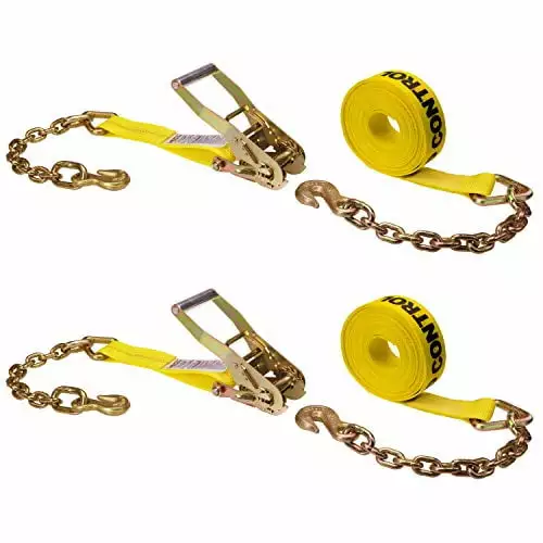 US Cargo Control 2 Inch x 27 Foot Ratchet Straps with Chain Ends and Grab Hooks (2 Pack). 2 Inch Ratchet Straps for Flatbed Trailers. Grade 70 Transport Chain End. Chain Hooks for 5/16 Chain