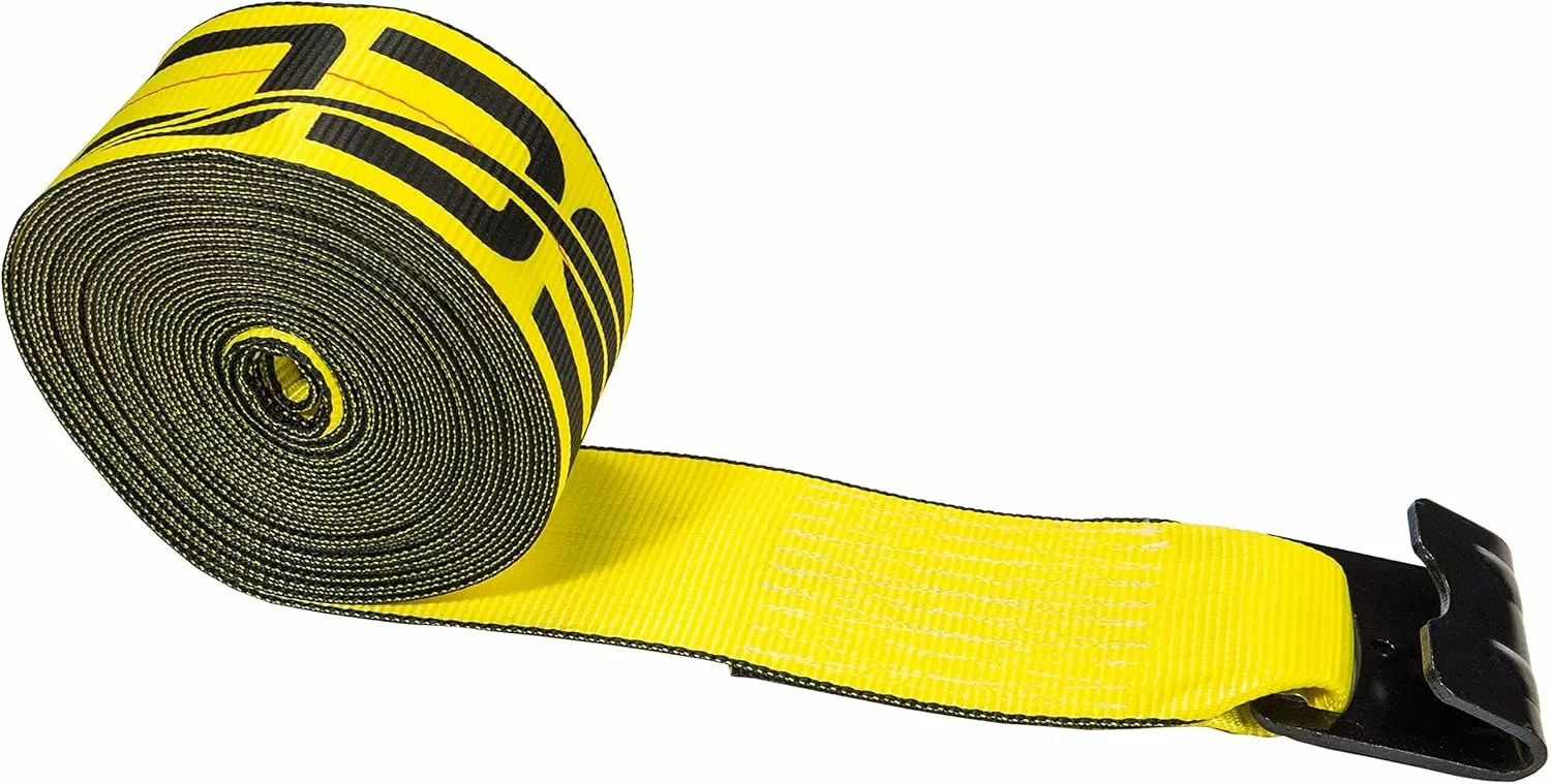 US Cargo Control 4 Inch Winch Strap with Large Flat Hook. 40 Feet Long. Heavy Duty Trailer Winch Strap for Safe Cargo Securement. Large Flat Hook End Fitting for Easy Fastening. Yellow