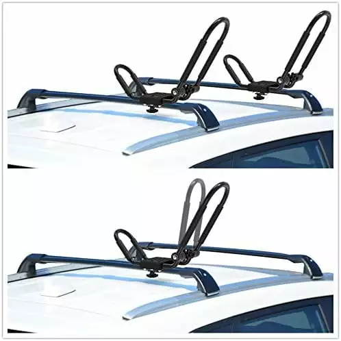 Upgraded Double Universal Folding Adjustable J Cross Bar 1 Pairs = 2 PCS Universal Kayak Canoe Top Mount Carrier Roof Rack Boat SUV Truck Van Car with 2 pcs Tie Down Straps