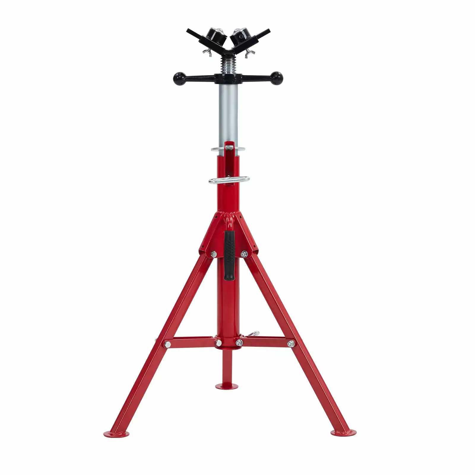 V-Head Pipe Jack Stand with 2-Ball/4-Ball. 28-52 Inch Adjustable Height.1/8-12. 2500 lb Load Capacity. Heavy Duty Carbon Steel Body. Steel Jack Stands with Portable Folding Legs