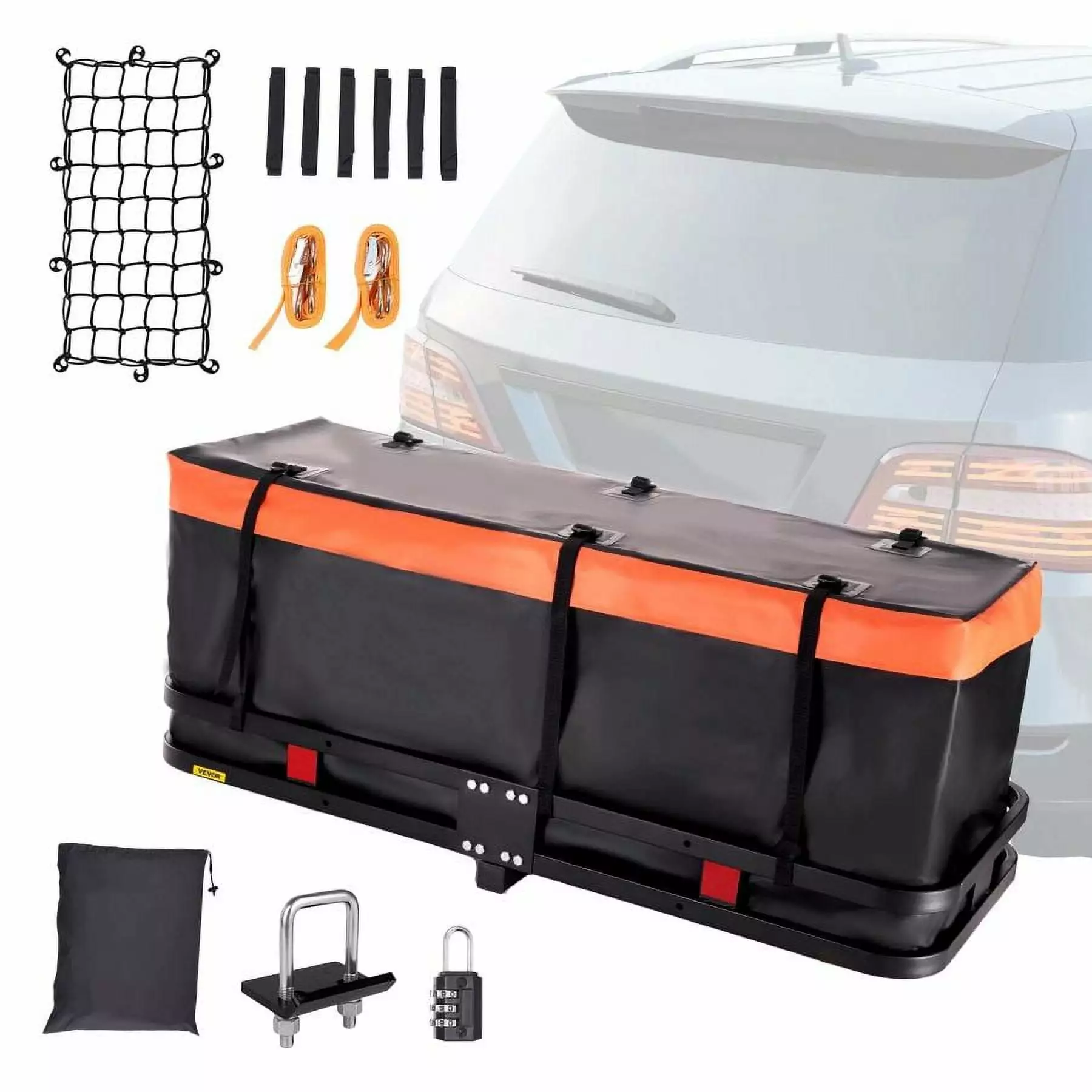 VEVOR 60x24x6 in Hitch Mount Cargo Carrier. 500lb Capacity Folding Trailer Hitch Cargo Basket & Waterproof Cargo Bag. Luggage Carrier Rack Fits 2 Hitch Receiver with Cargo Net for SUV Truck Pickup