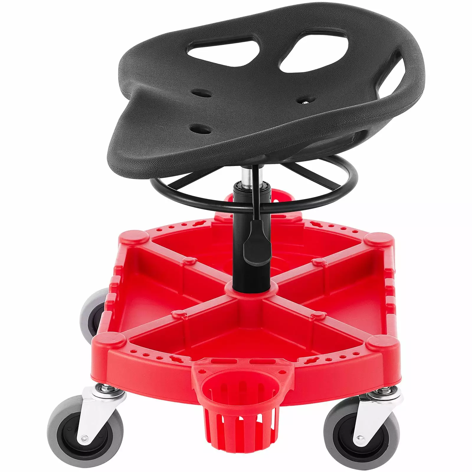 VEVOR Adjustable Garage Stool: 300 lbs Capacity. 18-23 Height Range. 360?? Swivel Casters. Large Tool Tray & Dual Bottle Holders. Ideal for Workshops & Auto Repair Shops. Red