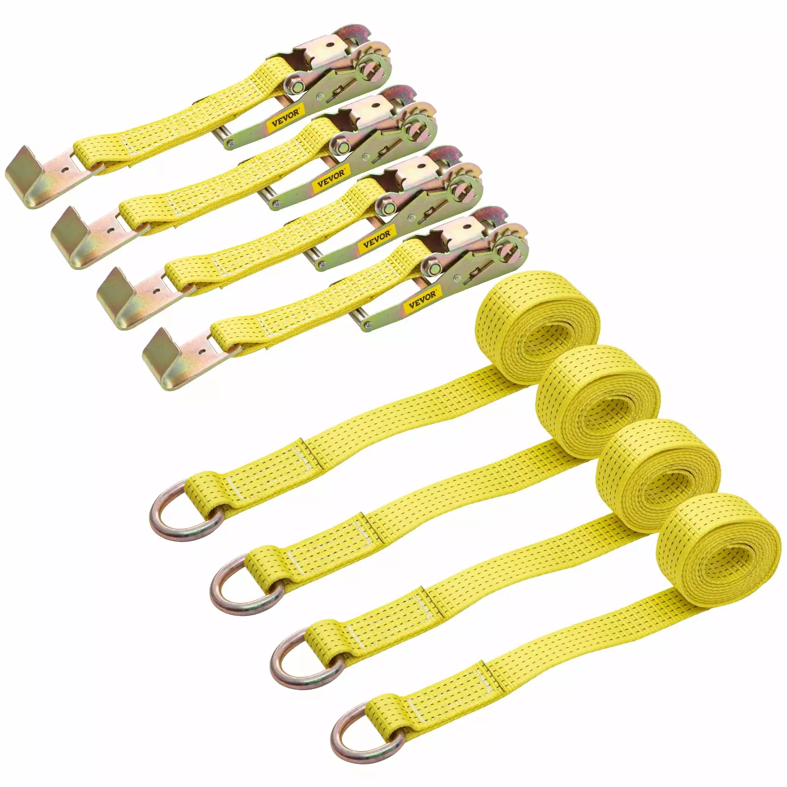 VEVOR Ratchet Tie Down Strap. 9.8ft x 2in Polyester Ratchet Strap 4000 lbs Working Load. 4 PCs Heavy Duty Car Strap w/ Single Hook. Car Tie Down Strap with Metal Ratchet. Security Fastening. Yellow