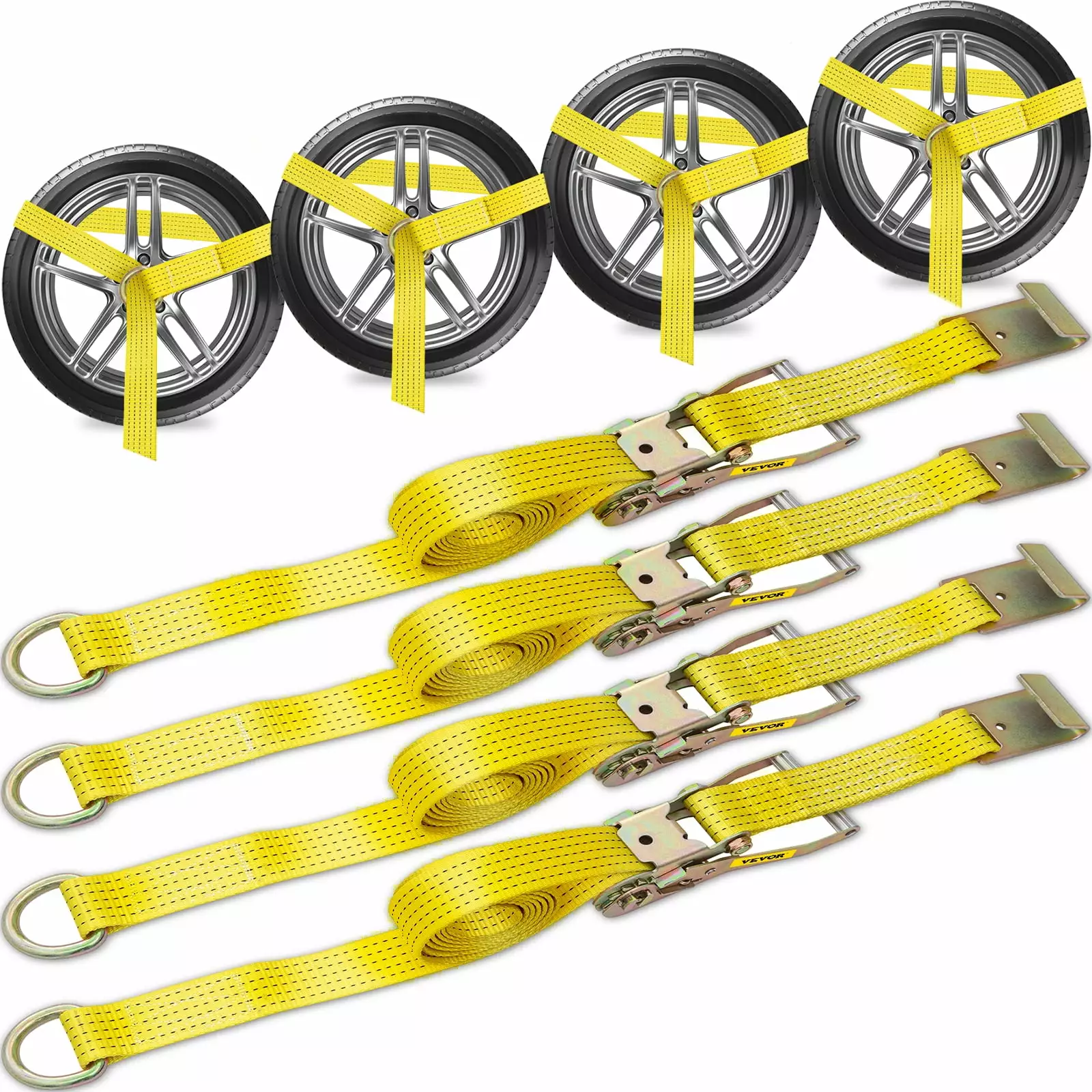 VEVOR Ratchet Tie Down Strap. 9.8ft x 2in Polyester Ratchet Strap 4000 lbs Working Load. 4 PCs Heavy Duty Car Strap w/ Single Hook. Car Tie Down Strap with Metal Ratchet. Security Fastening. Yellow