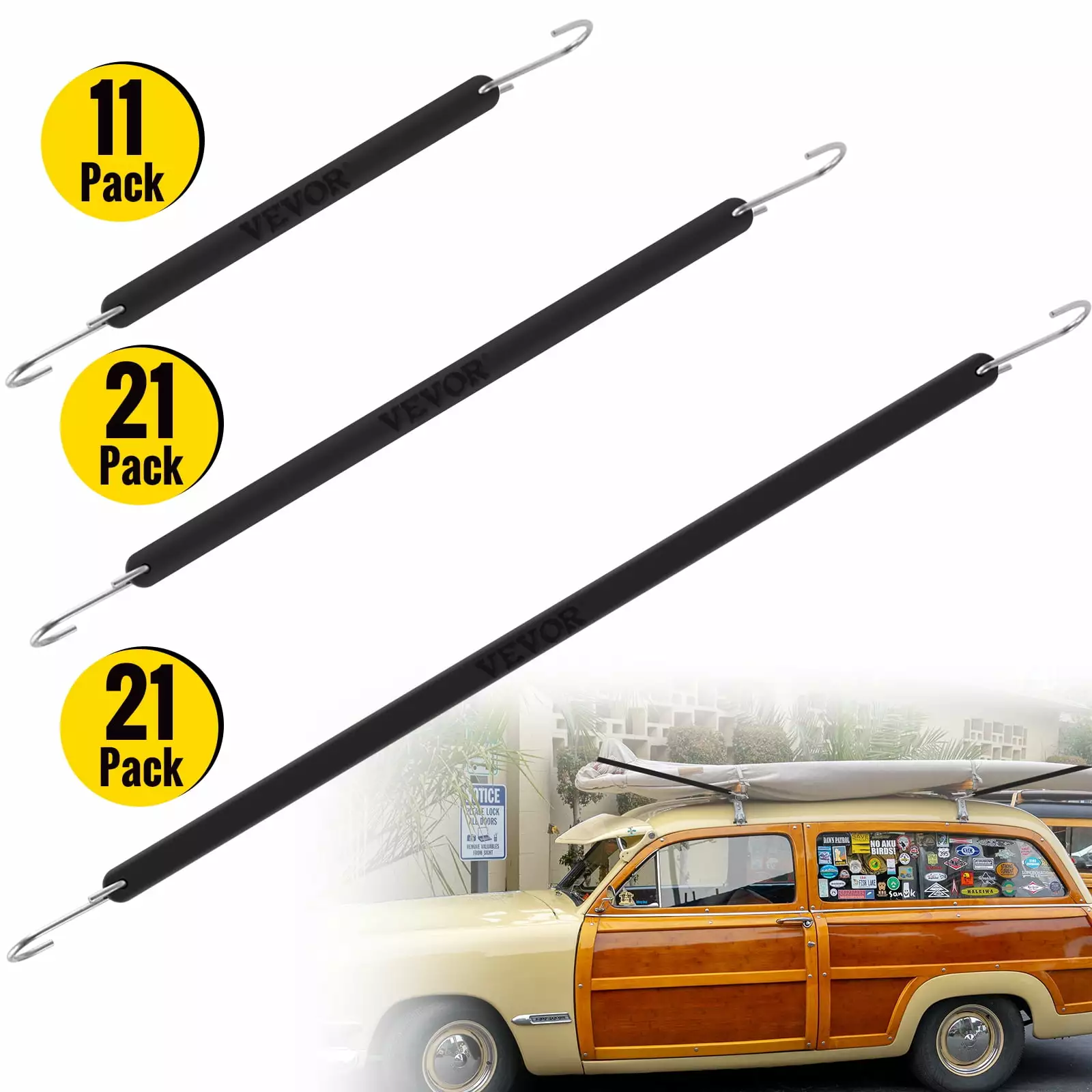 VEVOR Rubber Bungee Cords. 11 Pack 9. 21 Pack 15. 21 Pack 21. Natural Rubber Tie Down Straps w/ S Hooks. Heavy Duty Assorted Sizes Outdoor Tarp Straps for Securing Flatbed Trailers. Canvases. Cargo