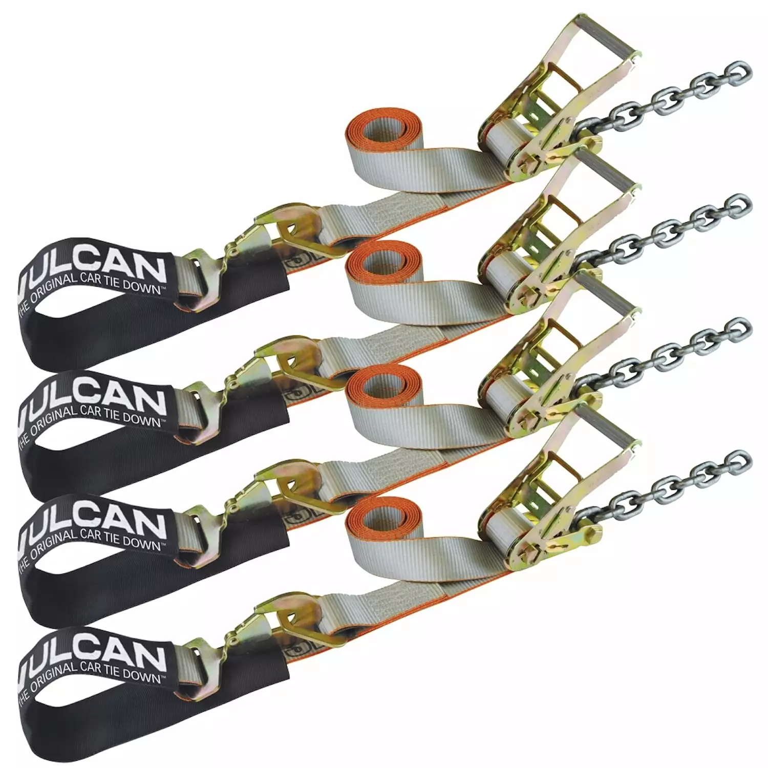 VULCAN Complete Axle Strap Tie Down Kit. Wire Hook Ratchet Straps. Silver Series. (4) 22 inch Axle Straps. (4) 36 inch Axle Straps. and (4) 15' Wire J Hook Ratchet Straps