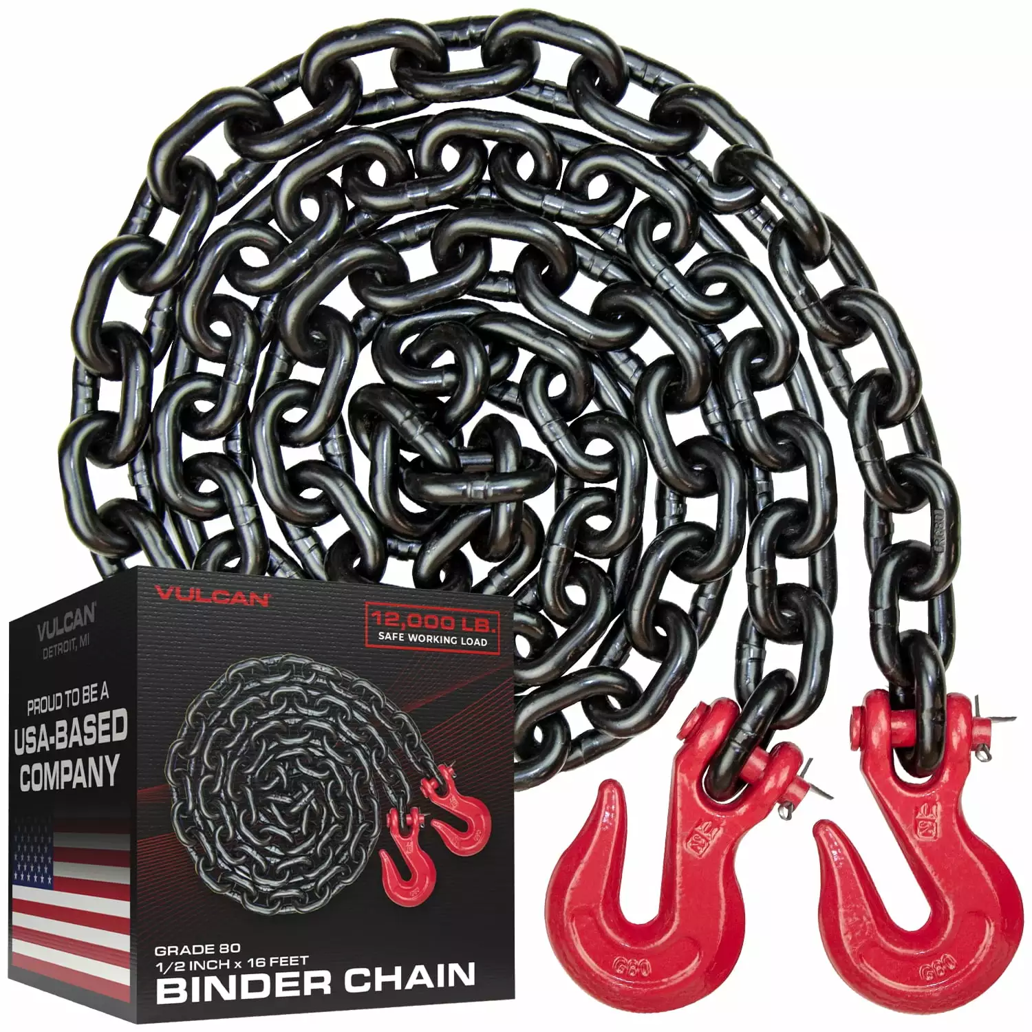 VULCAN Binder Chain Tie Down - Grab Hooks - G80 - 1/2 inch x 16 foot - 12000 Lbs SWL