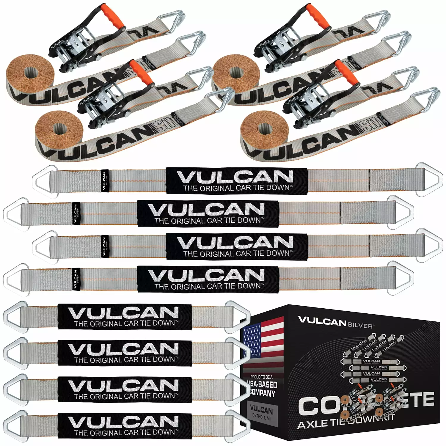 VULCAN Complete Axle Strap Tie Down Kit. Wire Hook Ratchet Straps. High-Viz. (4) 22 inch Axle Straps. (4) 36 inch Axle Straps. and (4) 15' Wire J Hook Ratchet Straps