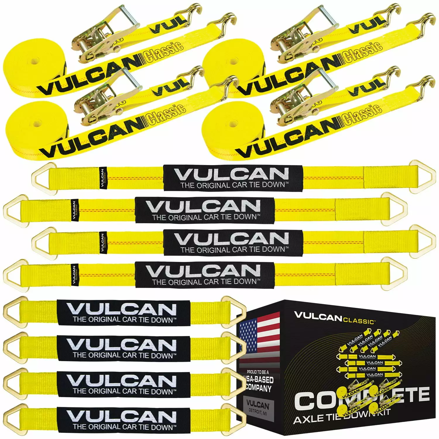 VULCAN Complete Axle Strap Tie Down Kit. Wire Hook Ratchet Straps. Yellow. (4) 22 inch Axle Straps. (4) 36 inch Axle Straps. and (4) 15' Wire J Hook Ratchet Straps