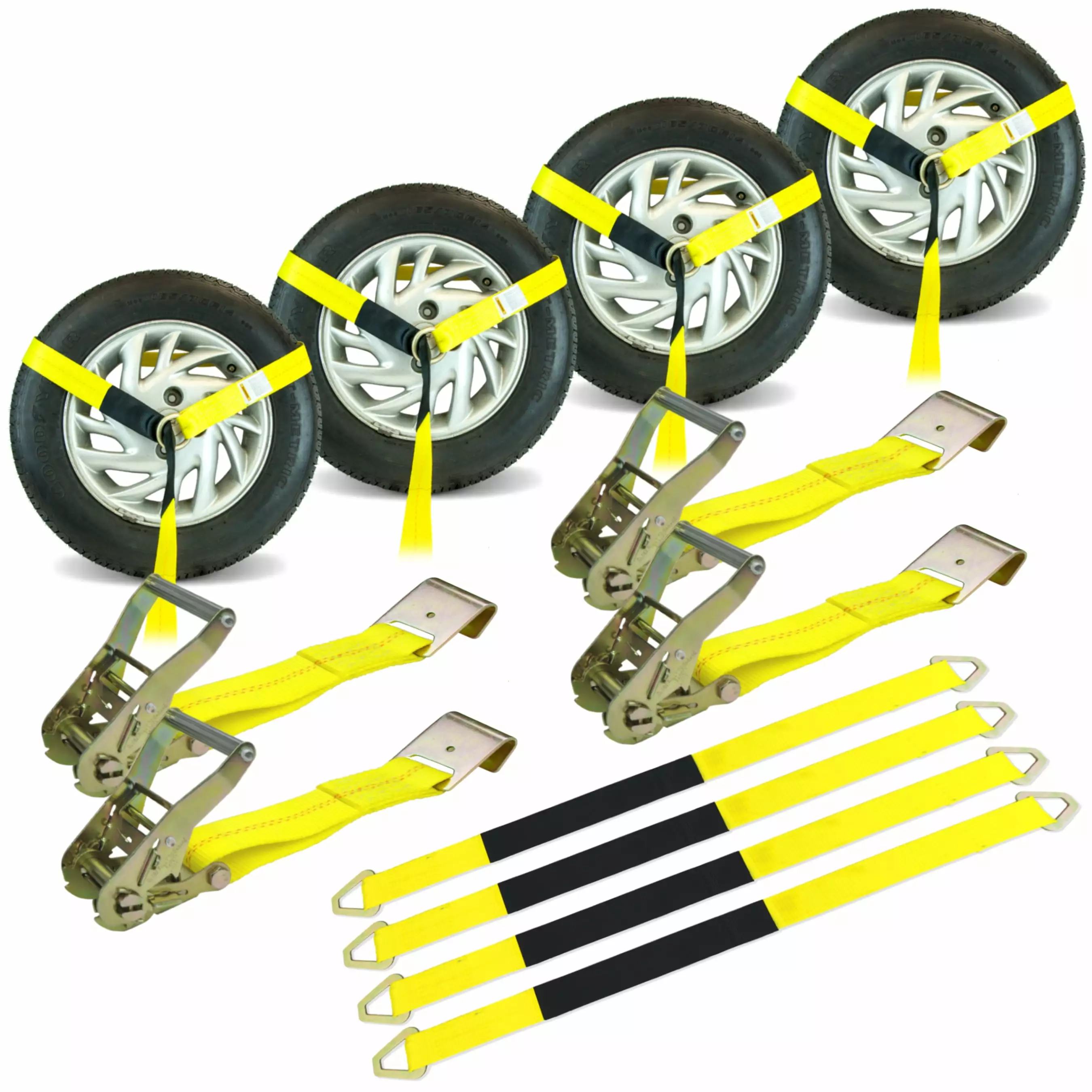 VULCAN Car Tie Down - Flat Hooks - Lasso - 2 inch x 96 inch - 4 Pack - Classic Yellow - 3300 Lbs SWL