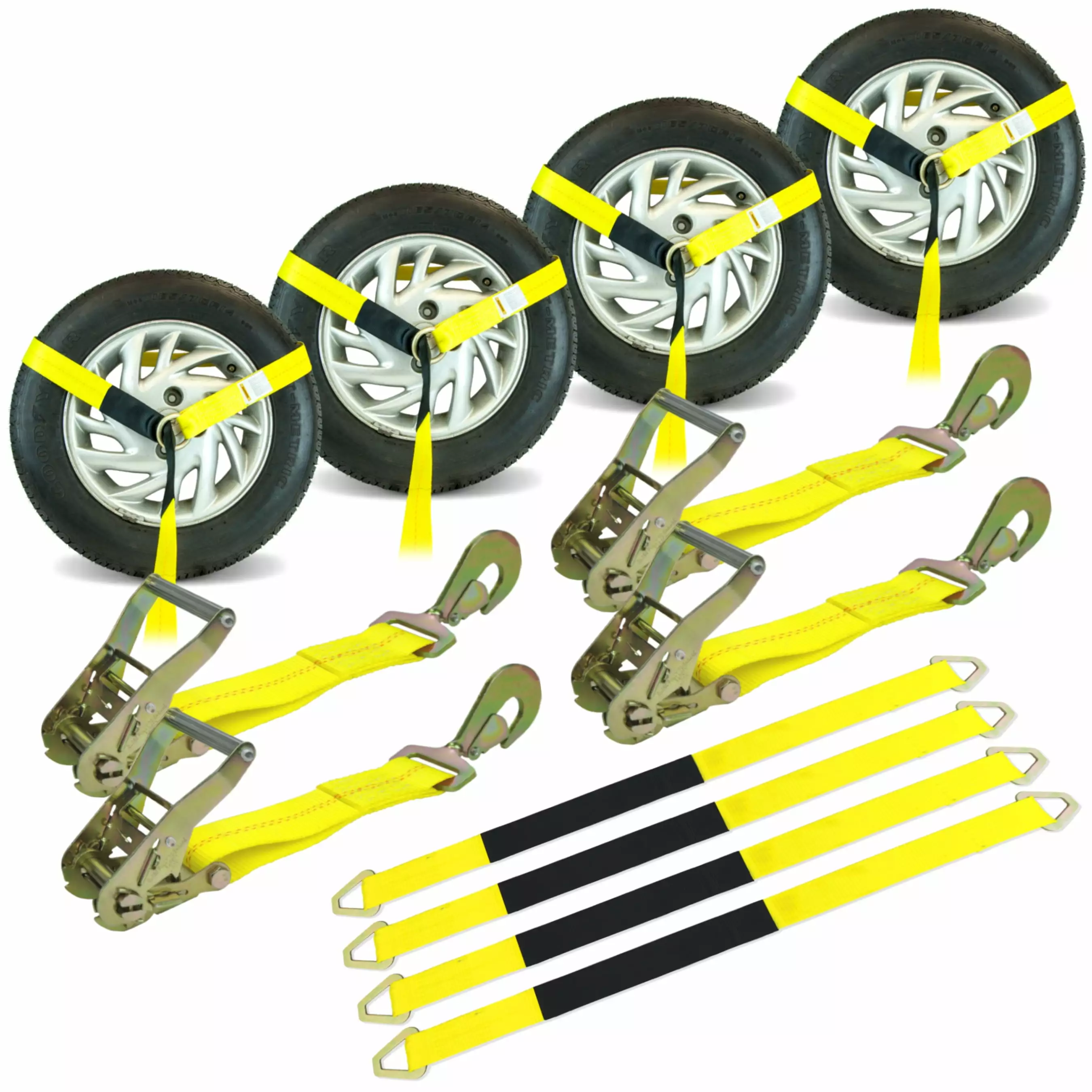 VULCAN Economy Car Tie Down Kit. 4 Lasso Straps. 4 Snap Hook Ratchets. 4 36 inch Axle Straps. 3300 Lbs SWL