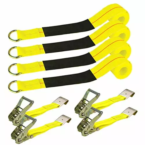 VULCAN Economy Car Tie Down Kit with 4 Lasso Straps. 4 Flat Hook Ratchets. and 4 Free 36 Inch Axle Straps - 3.300 Pound Safe Working Load