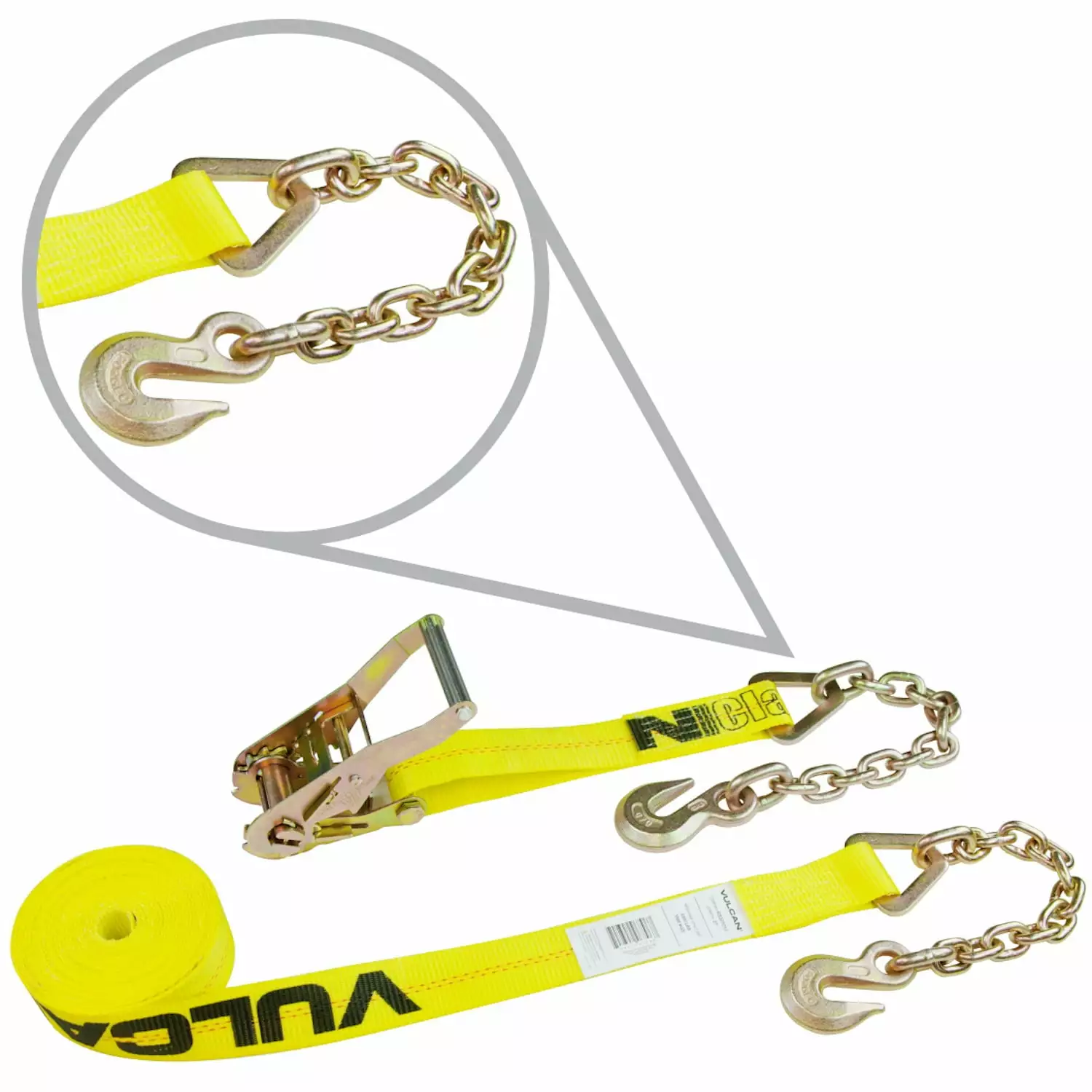 VULCAN Ratchet Strap - Chain Anchors - 2 inch x 30 foot - Classic Yellow - 3600 Lbs SWL