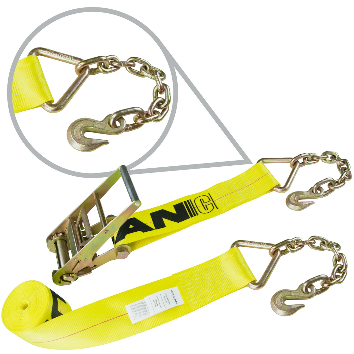 VULCAN Ratchet Strap - Chain Anchors - 4 inch x 27 foot - Classic Yellow - 5400 Lbs SWL