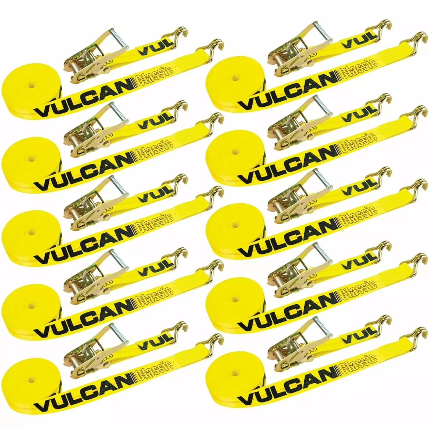 VULCAN Ratchet Strap - Wire Hooks - 2 inch x 27 foot - 10 Pack - Classic Yellow - 3300 Lbs SWL