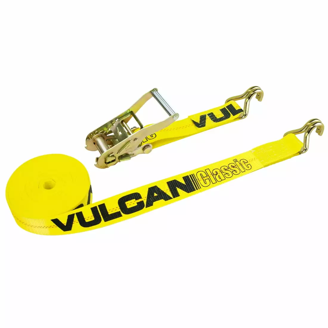 VULCAN Ratchet Strap - Wire Hooks - 2 inch x 30 foot - Classic Yellow - 3300 Lbs SWL