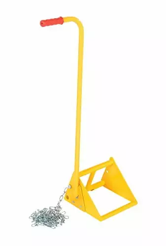 Vestil FAB-10-ERGO Fabricated Steel Wheel Chock with Ergonomic Handle and 10 Ft. Security Chain Yellow