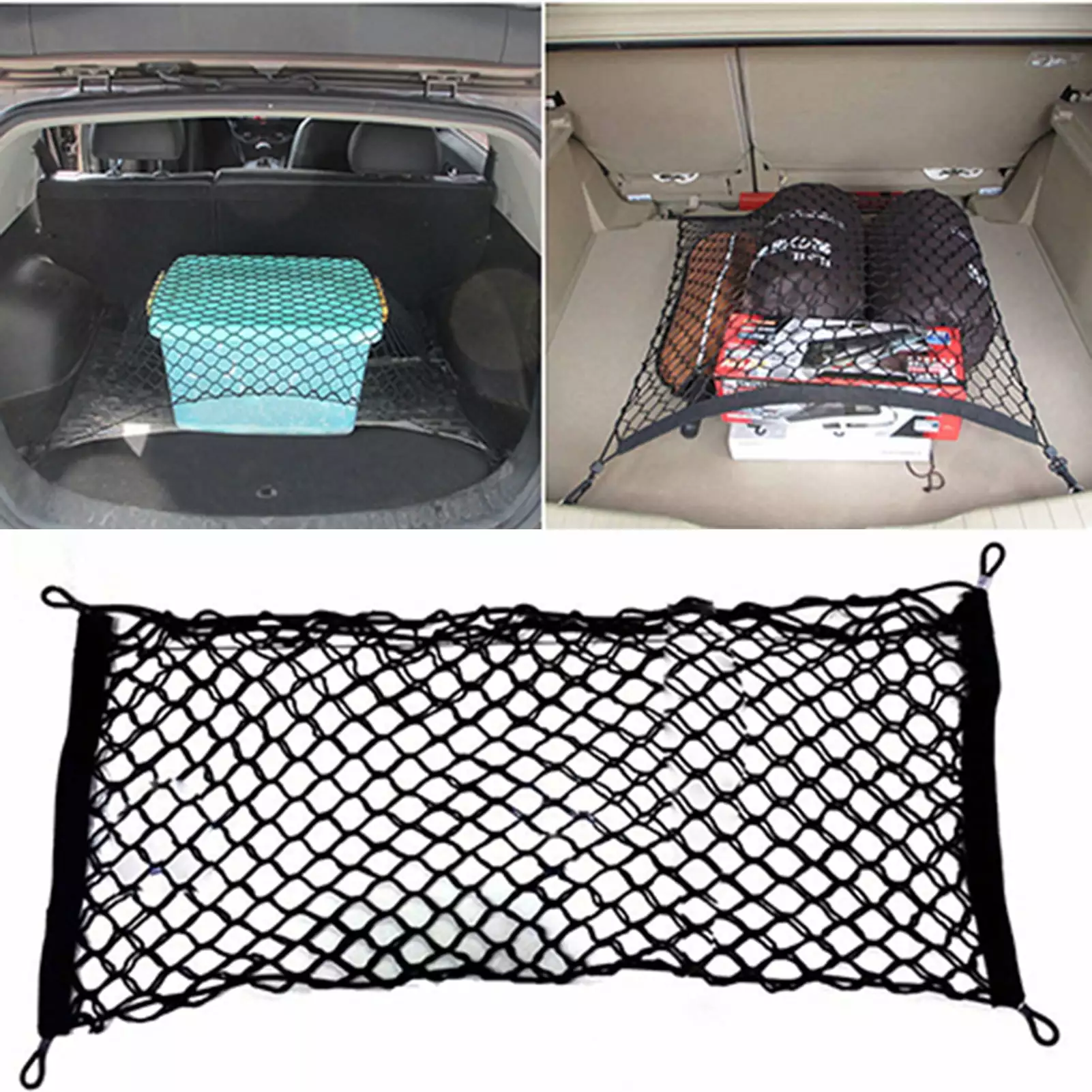 Universal Elastic Car Cargo Net. Nylon Mesh Trunk Storage. Adjustable Rear Organizer Luggage Holder for Truck SUV with 4 Hook