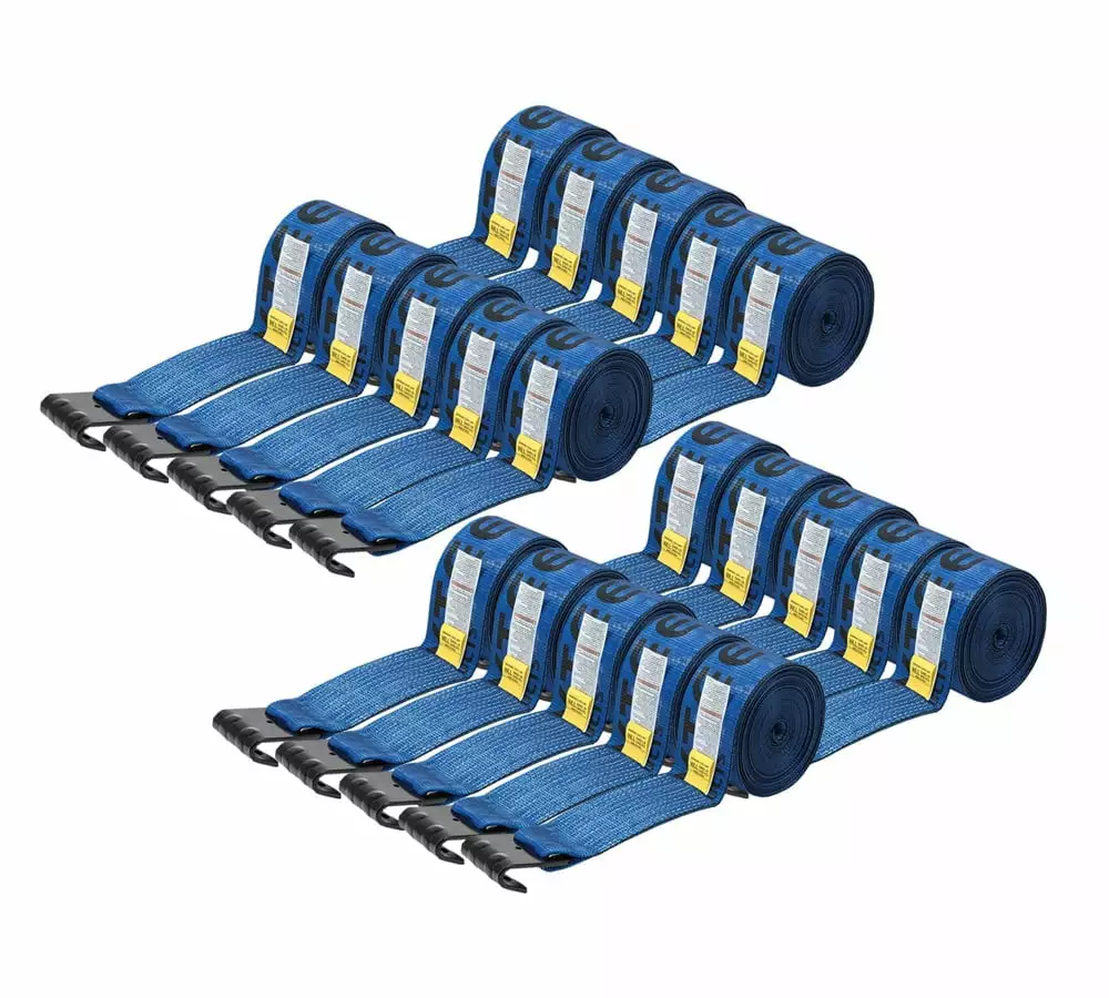 Winch Straps 4 x 30' Blue Heavy Duty Tie Down w/Flat Hook WLL# 5400 lbs | 4 Inch Cargo Control for Flatbed Truck Utility Trailer (20 Pack)