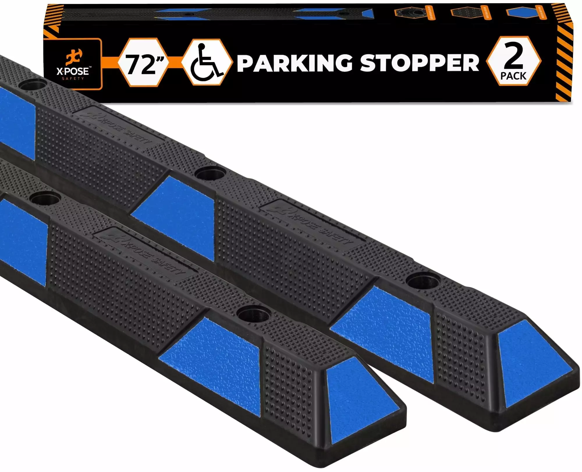 Xpose Safety Parking Block Curb Stop. 72 Heavy Duty Parking Stop Protect Vehicles Walls Blue Reflective Strip. Car Tire Stopper. Wheel Stop Bumper. Parking Stopper for Handicap. Driveway 2 Pack