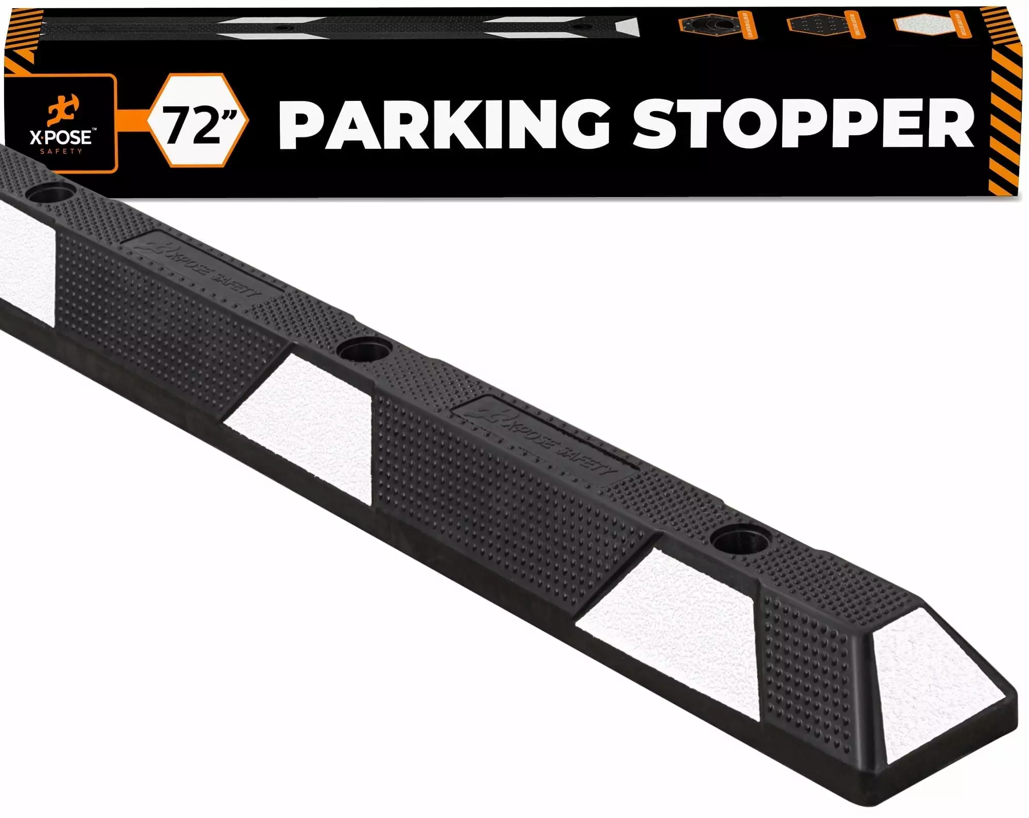 Xpose Safety Parking Block Curb Stop. 72 Heavy Duty Parking Stop Protect Vehicles Walls White Reflective Strip. Car Tire Stopper. Wheel Stop Bumper. Parking Stopper for Garage. Driveway 1 Pack